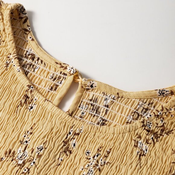 B265 Yellow Boho Floral Print Ruffle Smocked Flowy Summer Dress - Picture 11 of 12